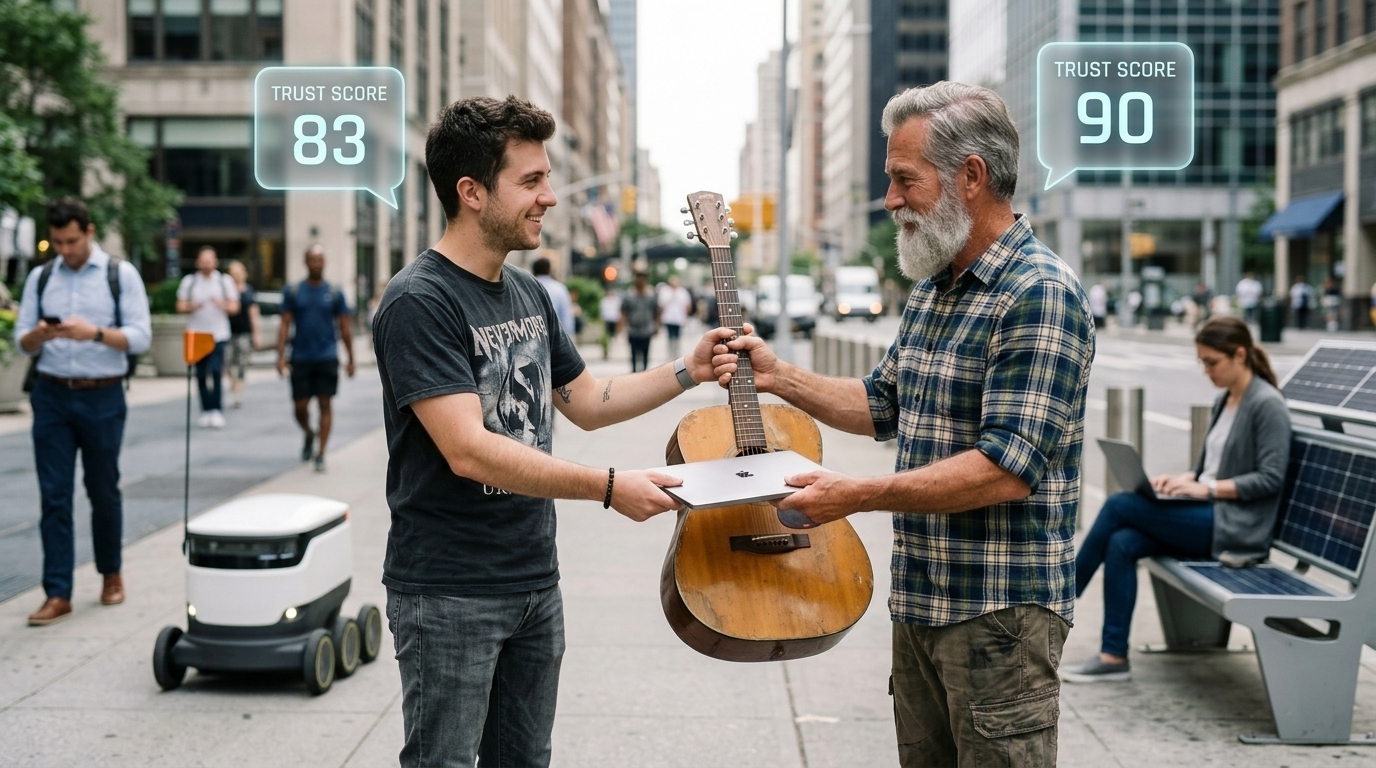 Men exchanging guitar and laptop