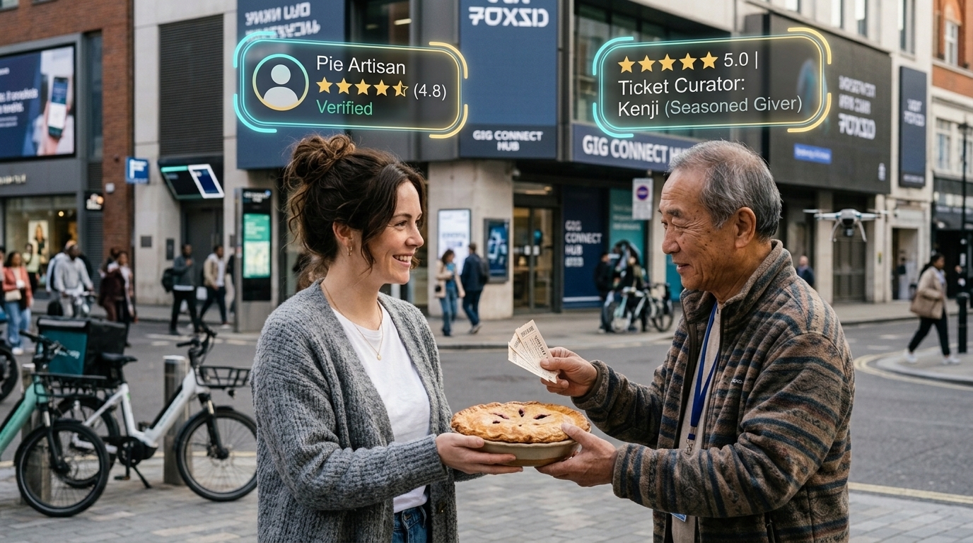 Woman exchanging pie with man